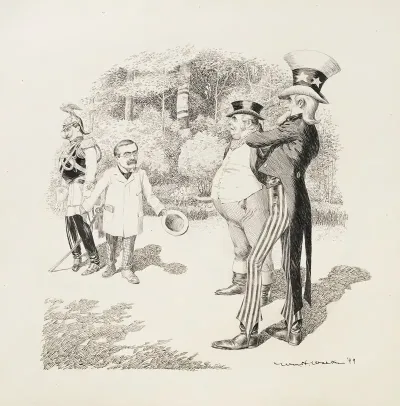 In A Forrest Uncle Sam And A Man Representing Great Britain Talks With A Man In Military Uniform And A Small Man In A Suit