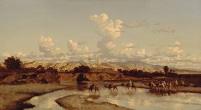 In An Oriental Landscape A Caravan Moves Through A River
