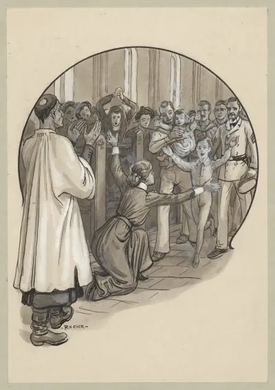 In Church A Woman Falls To Her Knees And Spreads Her Arms To Embrace A Boy