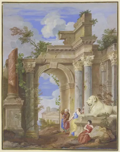 In Den Ruinen Romischer Architektur Die Drei Parzen Rechts Ein Lowe Aus Marmor