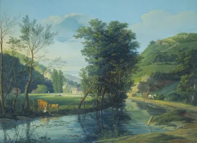 In Einem Tal Das Ein Bach Durchstromt Mehrere Zerstreute Hauser Auf Dem Wege Ein Fuhrwerk Mit Einem Schimmel Links Eine Kuh Mit Einem Kalb