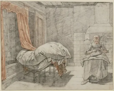 In Einem Zimmer Rechts Eine Naherin Links Ein Zum Durchluften Aufgelegtes Bett