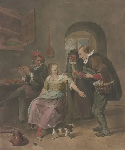 In Einem Zimmer Spielt Ein Mann Die Flote Dabei Sitzt Eine Frau Die Mit Einem Mann Spricht Der Ein Korbchen Tragt Hinter Beiden Eine Alte Frau