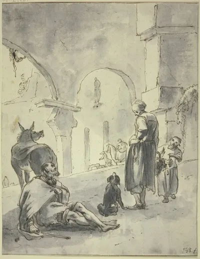 In Einer Halle Sitzt Ein Bettler Bei Einem Esel Vor Ihm Eine Frau Ein Kind Und Ein Hund