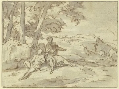 In Einer Landschaft Sitzen Unter Einer Baumgruppe Zwei Antike Figuren