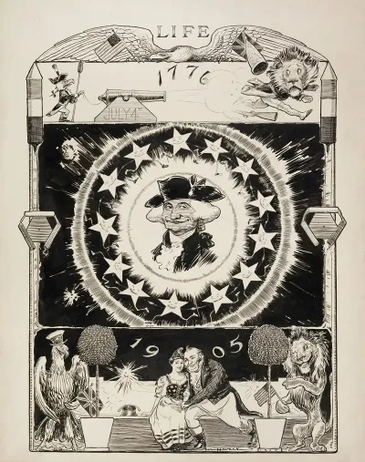 In The Center Of The Image Is George Washington Smiling In The Top The American Eagle With A Cannon Defeats The British Lion On July 4 1776