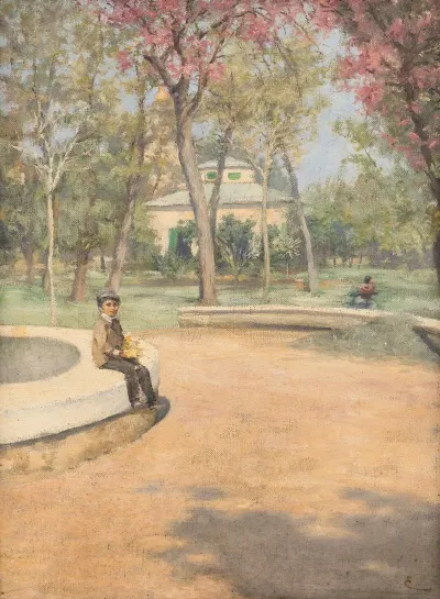 In The Park A Boy Sitting At The Edge Of A Fountain