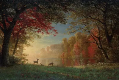 Indian Sunset Deer By A Lake