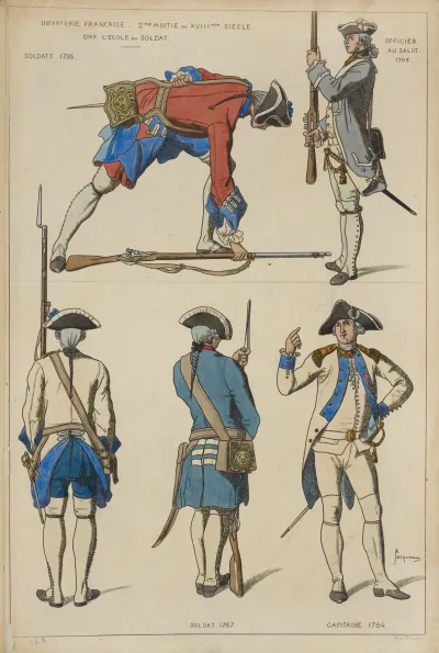 Infanterie Francaise 2me Moitie Du Xviiime Siecle Soldats 1756 Officier Au Salut 1765 Soldat 1767 Capitaine 1784
