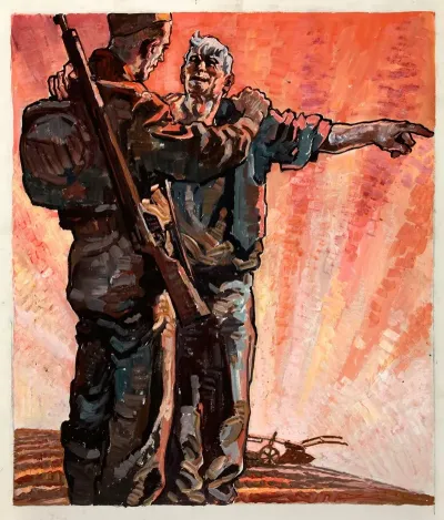 Infantryman Receiving Directions From Old Ploughman Each With Hand On Others Shoulder