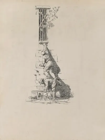 Initial I Man Reaching Up To Window Ledge Boosted On Anothers Back