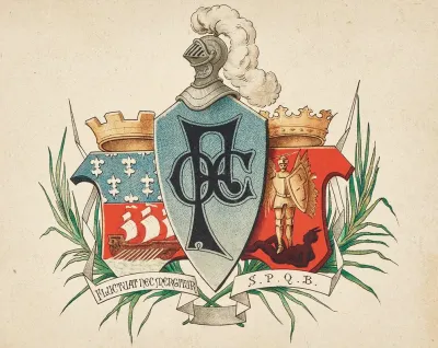 Initials P O C Flanked By Coat Of Arms Of The Cities Of Paris And Brussels