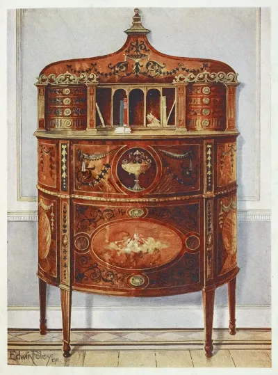 Inlaid And Painted Satinwood Writing Desk Cabinet Ormolu Mounted