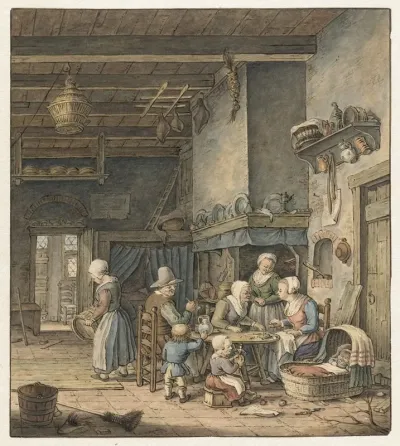 Interieur Met Boerenfamilie Rond Tafel