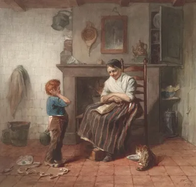 Interieur Met Een Jongetje Een Vlieger En Een Vrouw
