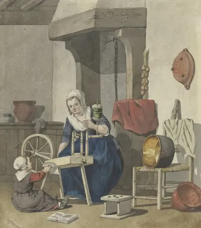 Interieur Met Een Spinnende Vrouw Met Een Kind