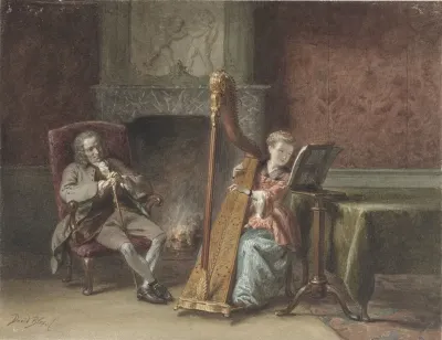 Interieur Met Meisje Dat Harp Speelt En Een Heer In Een Stoel Die Toekijkt