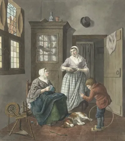 Interieur Met Naaiende Vrouw Dienstmeid En Spelende Jongen