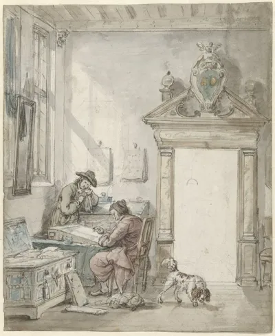Interieurscene Met Schrijvende Man Aan Een Lessenaar