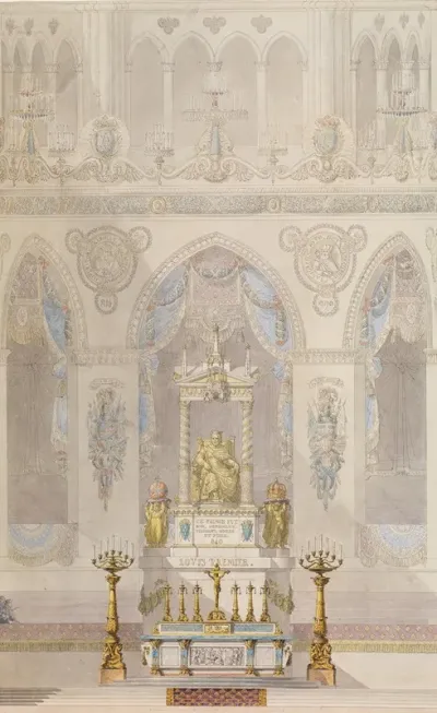 Interior Elevation Of Reims Cathedral With A Statue Of King Louis I And An Altar Placed At Front