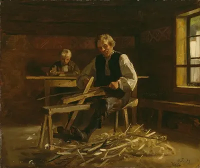 Interior From Vikoy With Farmer Making Barrel Hoops