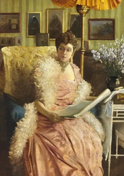 Interior Med Elegant Dame I Lyserod Kjole