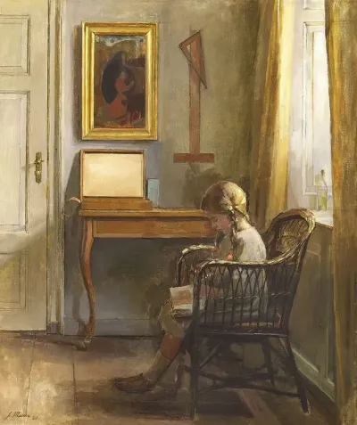 Interior Med Laesende Pige Ved Vindue