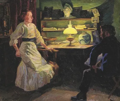 Interior Med Lampelys Og To Figurer