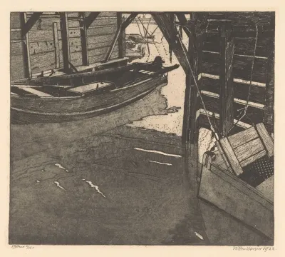 Interior Of A Boat House With A Fish Cart And A Boat With Built In Fish Cart
