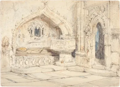 Interior Of A Church With A Wall Tomb And Medieval Font