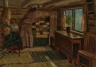 Interior Of A Cottage Stuginteriorer A Woman Spinning