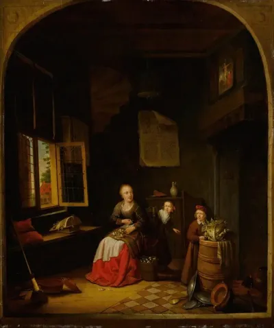 Interior Of A Kitchen With A Seated Woman Peeling Onions A Child Hiding Behind Her And A Child Holding A Cabbage On A Barrel