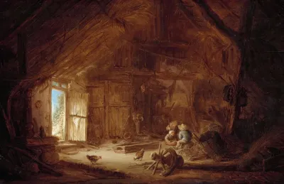 Interior Of A Stable With Three Children