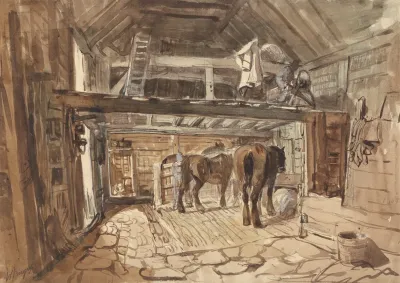 Interior Of A Stable With Tow Horses Feeding