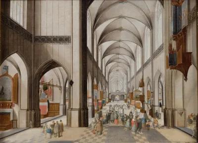 Interior Of A Three Aisled Gothic Church During A Sermon