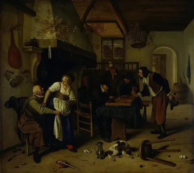 Interior Of An Inn With An Old Man Amusing Himself With The Landlady And Two Men Playing Backgammon Known As Two Kinds Of Games