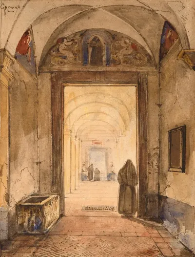 Interior Of Cloister With A Sarcophagus