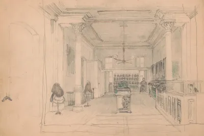 Interior Of Clothier With Rolls Of Fabric Dummies And Two Men