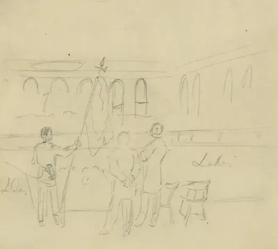 Interior Of Hall With Three Figures On A Stage