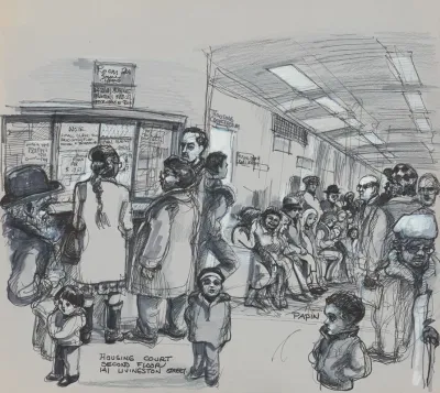 Interior View Of A Corridor At The Kings County Housing Court With Many People Of All Ages Waiting Outside The Housing Courtroom