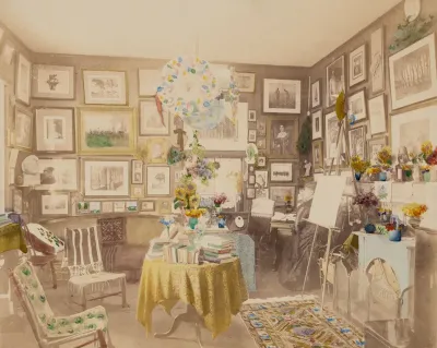 Interior View Of Room With Books Prints And Easel