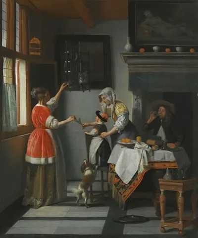 Interior With A Child Feeding A Parrot