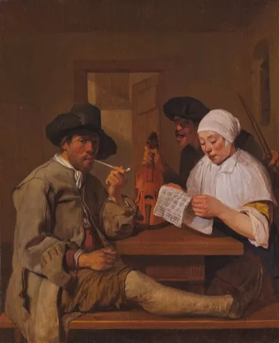 Interior With A Man Smoking A Pipe A Woman Reading And A Man With A Violin