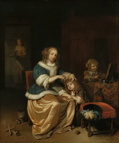 Interior With A Mother Combing Her Childs Hair Known As Maternal Care