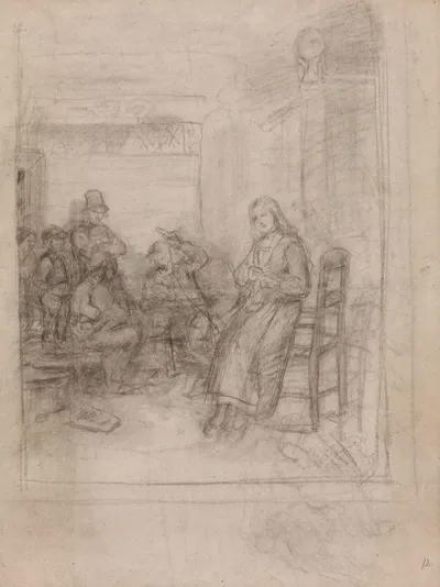 Interior With Card Players And Young Woman Knitting