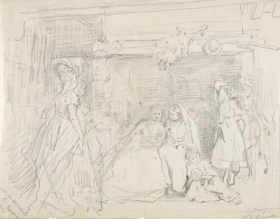 Interior With Figures Before A Fireplace
