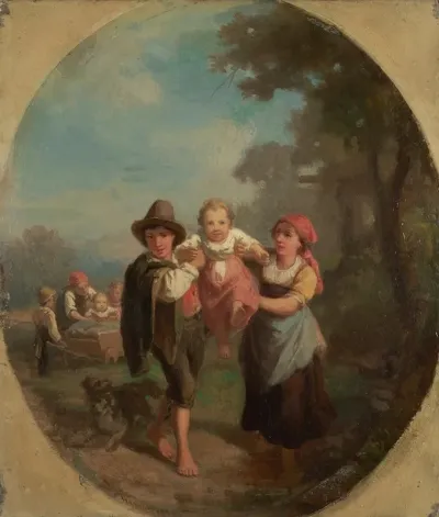 Italian Children At Play With Dog