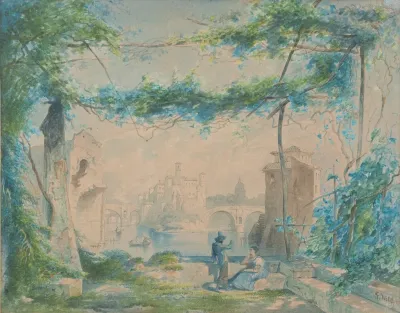 Italian Landscape With Couple At The River
