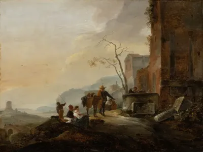 Italian Landscape With Figures At A Fountain Among Antique Ruins