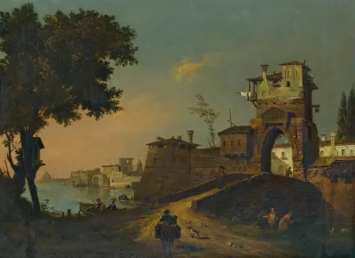 Italian Landscape With Figures Entering A Fortified Waterside Town